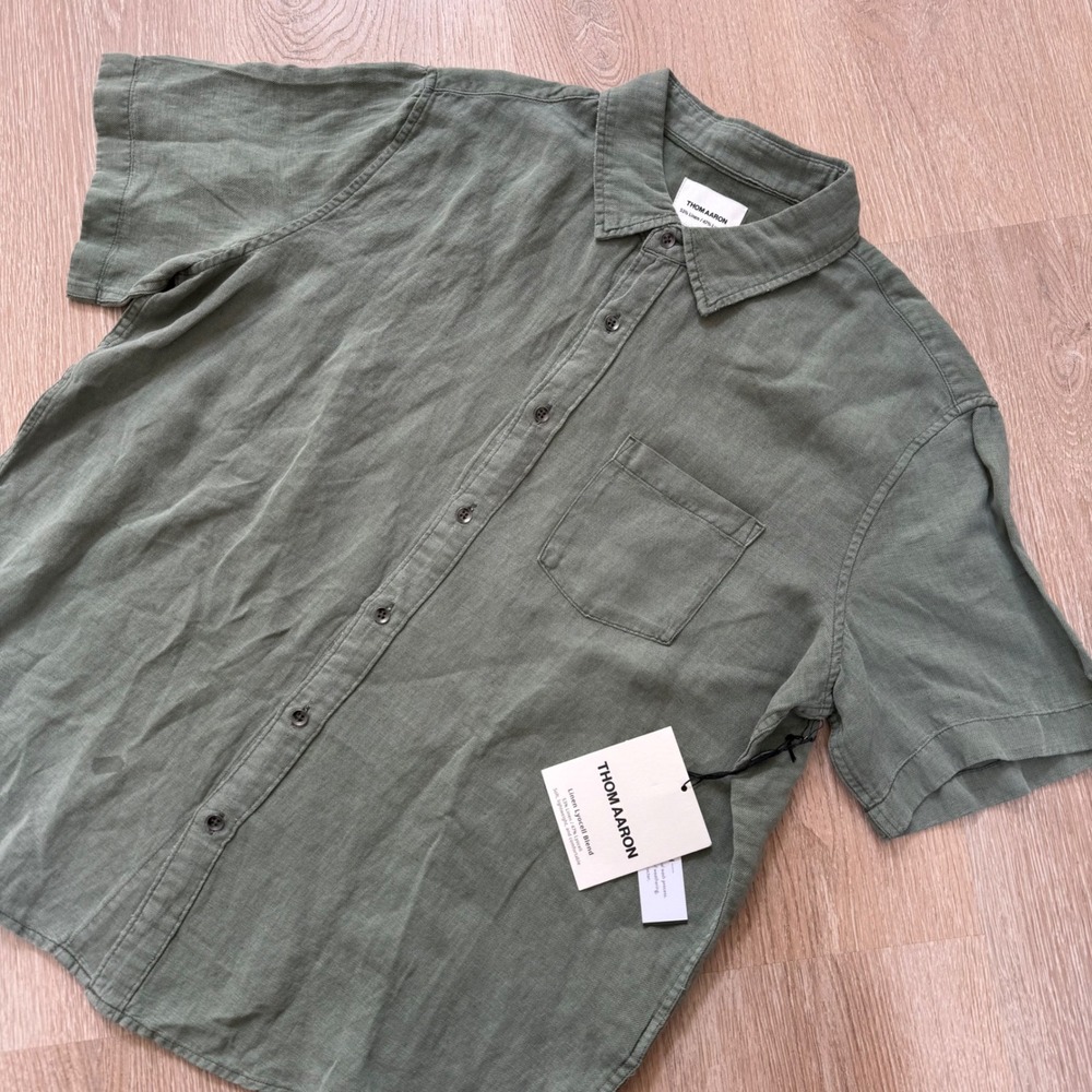 Thom Aaron Linen Lyocell Blend Shirt Mens XL Green Vintage Wash Short Sleeve NWT